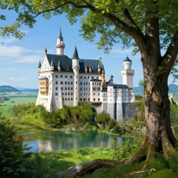 beautiful illustration of a big castle in a serene landscape, a beautiful lake, green grass, big onimous tree in a fantasy world, blue sky, by albert bierstadt, highly detailed, crystal lighting, mystical, forest, hyperrealistic, 4 k, unreal engine, magical, by joe fenton, by greg rutkowski, by greg tocchini, by kaws, by kate beaton, by kaethe butcher