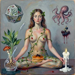 female self - portrait, yoga, pancakes, vines, smudged wet paint, berries, mythology, dodecahedron, sage and herbs, octopus, surgical supplies, mushrooms, plants with roots in scientific glassware, candle dripping white wax, berry juice drips, neoexpressionism, surrealism, acrylic and spray paint and oilstick on canvas