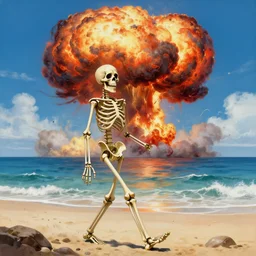 Professional painting of anatomically correct happy skeleton walking along the beach, big highly detailed nuclear bomb explosion in the background, trending on Artstation, realistic, ultra detail, by Greg Rutkowski, Bikini Atoll, vibrant colors