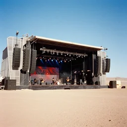 analog photograph led zeppelin performing in a brutalist stage in the atacama desert by mark owen. kodak portra film!!. whirl bokeh!. mamiya 7. highly detailed. hq. photoreal. golden hour. lens flare. faded film. in - frame