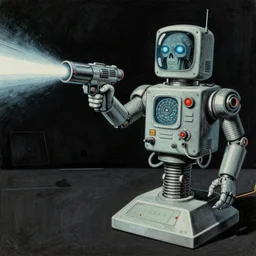 dark retro illustration 1 9 7 5 science fiction, gouache and ink, mohrbacher, an evil supercomputer with a ray gun