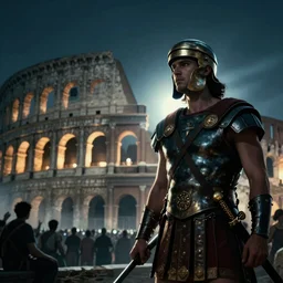 Movie poster of a Roman gladiator, out of focus colosseum in background with spectators, in the style of Greg Rutkowski and Ace Powell and Jean Giraud, extremely moody lighting, glowing light and shadow, atmospheric, shadowy, cinematic