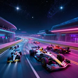 “a formula 1 race set against the background of space stars and bright lights with vibrant synthwave styled roads, multiple cars competing against each other, super wide angle, 8K UHD”
