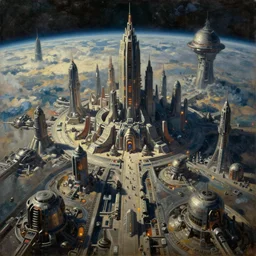 a vast planetary sci-fi city, (In style of Bekisnski, Tsutomu Nihei, Dark Fantasy, warhammer 40.000), oil on canvas, artstation, dramatic scenery, masterpiece, aesthetic