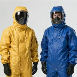 two scientists wearing mustard and royal blue rick owens hazmat suits with their hands in their pockets escaping the glowing geometric vortex by frank frazetta. rim lighting. glowing neon lights.