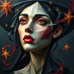3 d cell shaded cubist portrait painting of witch stars ethereal flames phantom shapes, 3 d cell shaded cubism, in the style of picasso, elegant, highly detailed, artstation, art by picasso 3 d cell shaded octane render unreal engine