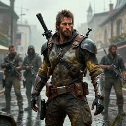 fallout 5, charismatic imposing rugged mad max inspired protagonist, portrait, outdoors european cityscape, atmospheric lighting, painted, intricate, volumetric lighting, beautiful, daytime, wet, rainy, foggy weather, slight overcast, sharp focus, deep colours, ultra detailed, by leesha hannigan, ross tran, thierry doizon, kai carpenter, ignacio fernandez rios