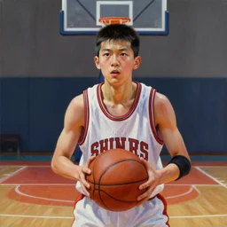 portrait of a boy at a basketball court playing basketball wearing a basketball uniform in a basketball court standing near the basketball hoop, painted in 1999, intense emotion, detailed facial expression, detailed surroundings, intricate, elegant, highly detailed, centered, digital painting, artstation, concept art, smooth, sharp focus, illustration, by (Peter Mohrbacher), WLOP