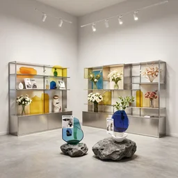 flower retail store, minimal, stainless steel and color glass, frame magazine, archidaily, rock, contemporary art and sculpture for flower, trending on artstation, octane rendering