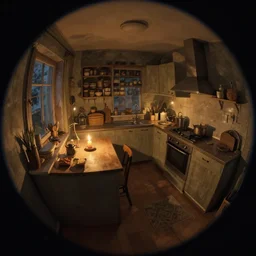 epic illustration fisheye lens of a kitchen dim lit by 1 candle in a scenic environment by Anton Fadeev