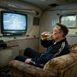 full distant shot of bald and dirty elon musk in a tracksuit drinking beer in the couch while watching tv in a dirty trailer, very realistic photograph, cinematic lighting, by ken loach