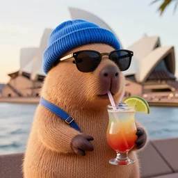 a photorealistic photograph of a knitted cute Capybara wearing sunglasses and dressed in blue beanie cap. The subject is also sipping a refreshing Mai Tai cocktail drink outside Sydney Opera House during sunset. This 4K HD image is Trending on Artstation, featured on Behance, well-rendered, extra crisp, features intricate detail and the style of Unreal Engine.