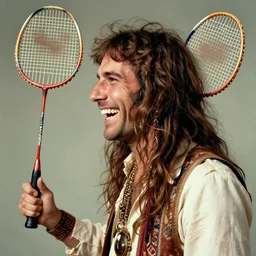 half - body portrait of hippie with badminton racket masterpiece happiness by jim burns doyle, tim detailed ultrarealistic side view 1 9 6 0 s expressive dynamic cinematic dramatic