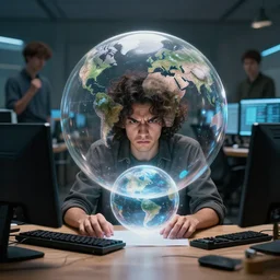 an annoyed curly - haired persian guy programmer programming a a world bubble in the void by david a hardy, noriyoshi ohrai, gary ruddell, greg rutkowski highly detailed, cinematic composition, trending on artstation