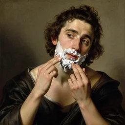 (((( a painting of a Timothee Chalamet shaving, a character portrait by Dürer, behance, pre-raphaelitism, da vinci, pre-raphaelite, detailed painting“