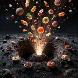 A black hole spitting hundreds of various foods into outer space