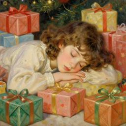 twelve year old girl with short wavy curly hair, asleep at christmas. surrounded by gifts. high quality detailed face. beautiful painting by artgerm and greg rutkowski and alphonse mucha
