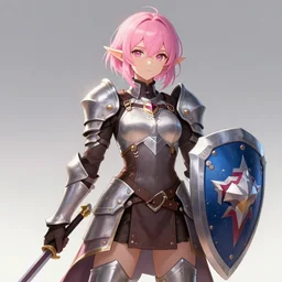 beautiful pink short haired half elf woman with armor and a shield, anime style, 4 k, samdoesart