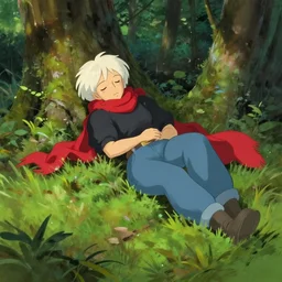 girl sorcerer with white hair in a hairbun, wearing a black tshirt, a red scarf, and blue jeans, Sleeping in a forest. digital art, lasso tool, large brushstrokes, photoshop brush, environment concept art, by rossdraws, ghibli, art by greg rutkowski
