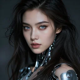 a beautiful woman cyborg with big eyes, 8 k, sensual, hyperrealistic, hyperdetailed, beautiful face, long hair windy, dark fantasy, fantasy portrait by laura sava