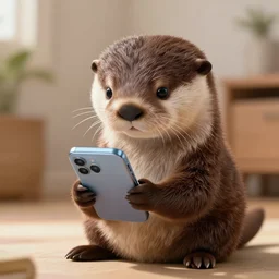 a cute anthropomorphic otter using an android phone at home