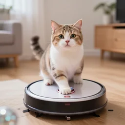 ragdoll cat high on catnip sitting on a roomba robot cleaner, roomba riding towards camera, dynamic, artstation, motion blur, disco