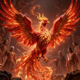 a hybrid exquisite complex a red fire phoenix with wings extended, wisdom, good and evil, magical, epic, by in the style of jean delville, james gurney, moebius, roger dean, wlop, victo ngai, sharp focus