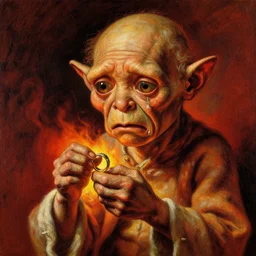 a beautiful painting of gollum holding the ring and crying, by rembrandt, rembrandt lighting, beautiful composition and structure, high contrast, high saturation, vivid ember colors, cross hatching featured on artstation, shading study, lighting study