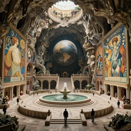fantasy scifi scene andreas rocha and canaletto and mucha and noriyoshi ohrai of very deep cavernous sinkhole inside monastir de pedralbes large courtyard, fountain and stairs inside the sinkhole, sphere inside the sinkhole, very wide close establishing shot