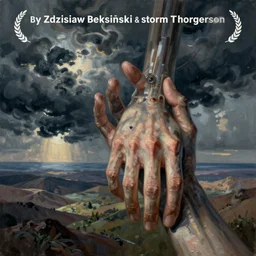 Painting, Creative Design, album cover art, Biopunk, hand, surrealist, by Zdzisław Beksiński and storm thorgerson