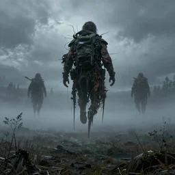 BTs from death stranding float over a misty moor 4k IMAX very very terrifying hyperrealistic