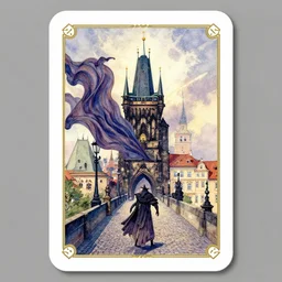 dixit card, billowing cloth, focal point, character, prague bridge, spire, dark fantasy. intricate, amazing composition, colorful watercolor, by ruan jia, by maxfield parrish, by shaun tan, by nc wyeth, by michael whelan, by escher, illustration, volumetric