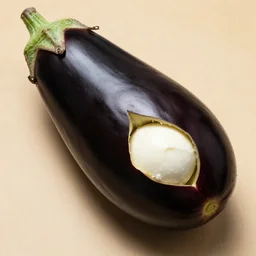 the biggest blackest aubergine entering the smallest whitest mozarella ball i have ever seen