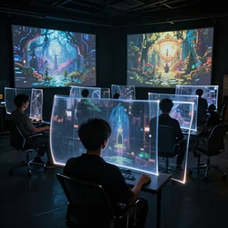 visors with curved translucent screens projecting detailed fantasy art ( 2 0 4 2 ), pixel perfect photograph, volumetric lighting, thin glowing lights, chair, users, pair of keys