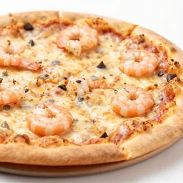 a 5 0 mm macro shot of a chocolate chip and prawn pizza