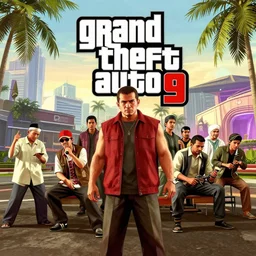 photorealistic and details a cover of new game called grand theft auto 9 with set place in jakarta,with javanese gangster versus islamic defender gangster theme
