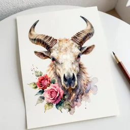 watercolor painting of scull with horns and roses on white paper, full face, bright, white table, white walls