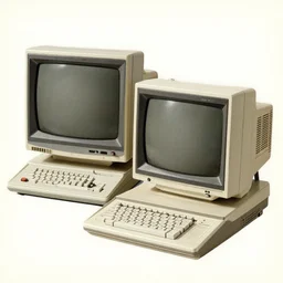 full - color page of a 1 9 3 0 s catalog advertising an art - deco streamlined personal - computer. it has two crt monitors displaying 3 d graphics, and has a vinyl - record data reader, a fountain - pen tablet, and a mechanical typewriter keyboard. alternate - history ; retrofuturism.