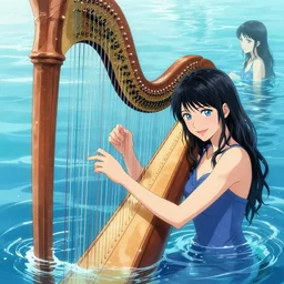 a beautiful harp manipulating water by karol bak, ayami kojima, artgerm, river, water, blue eyes, smile, concept art, fantasy
