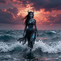 a sea witch on a rough ocean with vibrant turbulent skies, photorealistic, by wlop, 4 k resolution