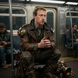 mark zuckerberg as a beggar begging in the new york subway, noir, steampunk, 4 k, ultra realism, photorealism, 5 0 mm, unreal engine,