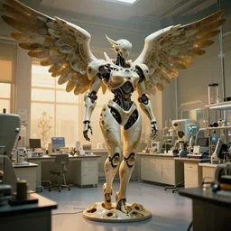 a laboratory inspection room making a cybernetic symbiosis, cybernetic mech cyberpunk angel, organic ceramic fractal forms, golden hour lighting, film still from the movie directed by denis villeneuve with art direction by wayne barlowe and salvador dali, wide lens, f 3 2,