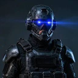 tactical military exoskeleton armor, neon laser eyesight, science fiction, dark, realistic face