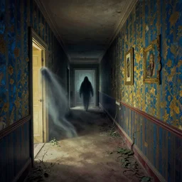 in this ominous scene, we see a long twisting corridor leading to a door with light spilling beneath it, a mysterious ghostly figure passes through old wallpaper, art by bernie wrightson, foreboding, creepy, dusty, abandoned, colorful, blue and gold color scheme, masterpiece, vines on the floor