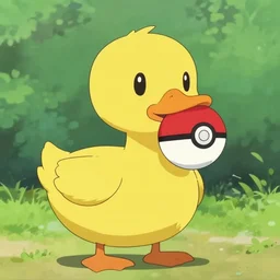 duck with a pokeball in its mouth, anime still