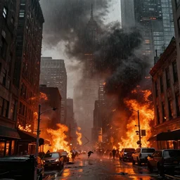 new york city during the apocalypse, hellscape, raining fire, burning city