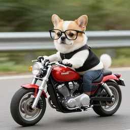 dog riding a motorcycle with glasses