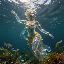 hyperrealistic precisionist cinematic half underwater scene with fish and algae, very expressive! translucent elegant african goddess emerging from water, full body, gold jewerly, highly detailed face, digital art masterpiece, aykut aydogdu zener, dramatic volumetric light, long shot, low angle uhd 8 k, sharp focus