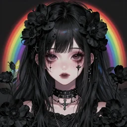 cute portrait of emo girl, by greg rutkowski, trending on artstation, hyperdetalied, black flowers, rainbow,
