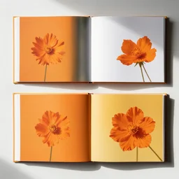 flatlay book collection, vivid colors, dramatic lighting, orange flowers